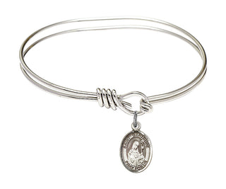 5 3/4 inch Oval Eye Hook Rhodium Bangle Bracelet with a Sterling Silver Saint Gertrude of Nivelles charm. Engraved Catholic Saint Jewelry