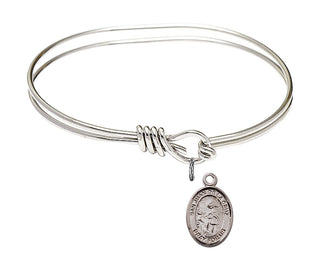 5 3/4 inch Oval Eye Hook Rhodium Bangle Bracelet with a Sterling Silver San Juan de la Cruz charm. Engraved Catholic Saint Jewelry