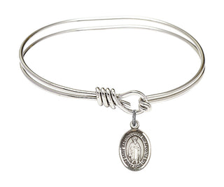 5 3/4 inch Oval Eye Hook Rhodium Bangle Bracelet with a Sterling Silver Saint Bartholomew the Apostle charm. Engraved Catholic Saint Jewelry