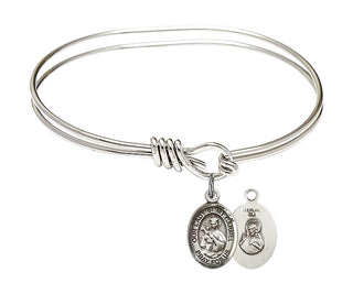 5 3/4 inch Oval Eye Hook Rhodium Bangle Bracelet with a Sterling Silver Our Lady of Mount Carmel charm.
