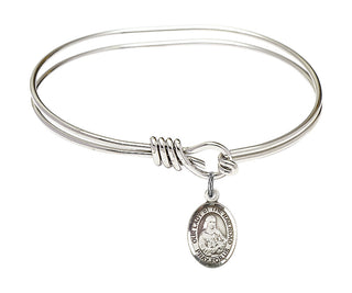 5 3/4 inch Oval Eye Hook Rhodium Bangle Bracelet with a Sterling Silver Our Lady of the Railroad charm. Engraved Catholic Saint Jewelry