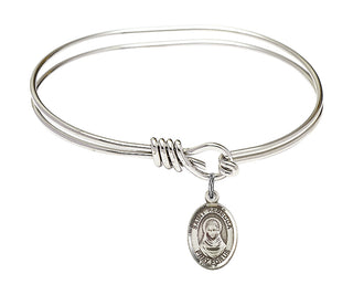 5 3/4 inch Oval Eye Hook Rhodium Bangle Bracelet with a Sterling Silver Saint Rebecca charm. Engraved Catholic Saint Jewelry