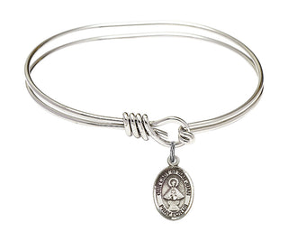5 3/4 inch Oval Eye Hook Rhodium Bangle Bracelet with a Sterling Silver Our Lady of San Juan charm. Engraved Catholic Saint Jewelry