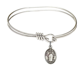5 3/4 inch Oval Eye Hook Rhodium Bangle Bracelet with a Sterling Silver Our Lady of Africa charm. Engraved Catholic Saint Jewelry