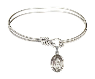 5 3/4 inch Oval Eye Hook Rhodium Bangle Bracelet with a Sterling Silver Saint Sharbel charm. Engraved Catholic Saint Jewelry