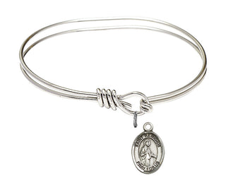 5 3/4 inch Oval Eye Hook Rhodium Bangle Bracelet with a Sterling Silver Saint Remigius of Reims charm. Engraved Catholic Saint Jewelry
