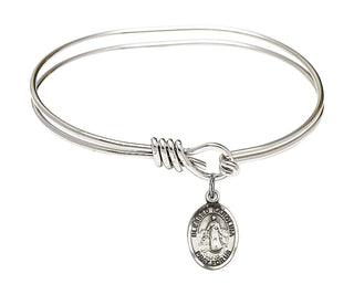 5 3/4 inch Oval Eye Hook Rhodium Bangle Bracelet with a Sterling Silver Blessed Karolina Kozkowna charm. Engraved Catholic Saint Jewelry