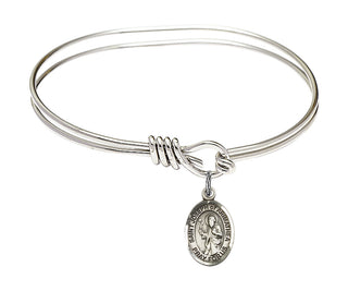 5 3/4 inch Oval Eye Hook Rhodium Bangle Bracelet with a Sterling Silver Saint Joseph of Arimathea charm. Engraved Catholic Saint Jewelry