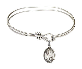 5 3/4 inch Oval Eye Hook Rhodium Bangle Bracelet with a Sterling Silver Saint Amelia charm. Engraved Catholic Saint Jewelry