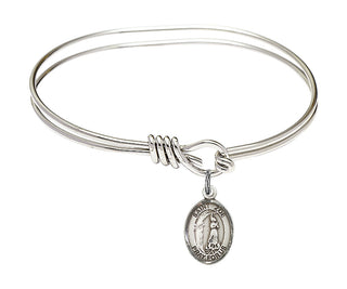 5 3/4 inch Oval Eye Hook Rhodium Bangle Bracelet with a Sterling Silver Saint Zoe of Rome charm. Engraved Catholic Saint Jewelry