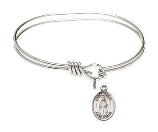 5 3/4 inch Oval Eye Hook Rhodium Bangle Bracelet with a Sterling Silver Saint Odilia charm. Engraved Catholic Saint Jewelry