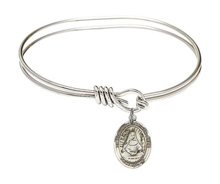 5 3/4 inch Oval Eye Hook Rhodium Bangle Bracelet with a Sterling Silver Saint Edburga of Winchester charm. Engraved Catholic Saint Jewelry
