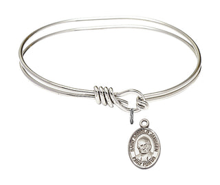 5 3/4 inch Oval Eye Hook Rhodium Bangle Bracelet with a Sterling Silver Saint Arnold Janssen charm. Engraved Catholic Saint Jewelry