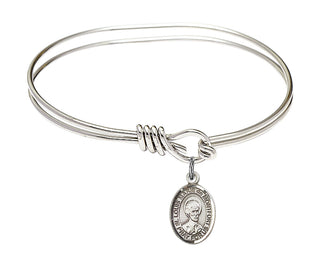5 3/4 inch Oval Eye Hook Rhodium Bangle Bracelet with a Sterling Silver Saint Louis Marie de Montfort charm. Engraved Catholic Saint Jewelry