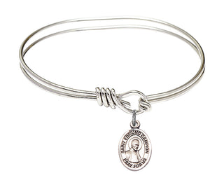 5 3/4 inch Oval Eye Hook Rhodium Bangle Bracelet with a Sterling Silver Saint Edmund Campion charm. Engraved Catholic Saint Jewelry