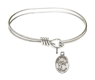 5 3/4 inch Oval Eye Hook Rhodium Bangle Bracelet with a Sterling Silver Saint Nimatullah charm. Engraved Catholic Saint Jewelry
