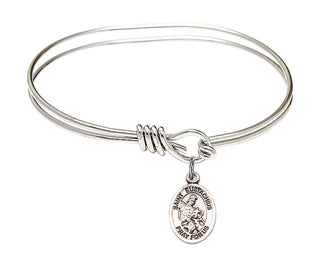 5 3/4 inch Oval Eye Hook Rhodium Bangle Bracelet with a Sterling Silver Saint Eustachius charm. Engraved Catholic Saint Jewelry