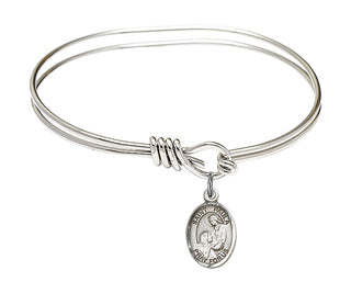 5 3/4 inch Oval Eye Hook Rhodium Bangle Bracelet with a Sterling Silver Saint Paula charm. Engraved Catholic Saint Jewelry