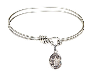5 3/4 inch Oval Eye Hook Rhodium Bangle Bracelet with a Sterling Silver Divine Mercy charm.