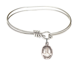 5 3/4 inch Oval Eye Hook Rhodium Bangle Bracelet with a Sterling Silver Saint John Berchmans charm. Engraved Catholic Saint Jewelry