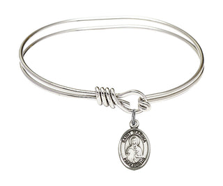 5 3/4 inch Oval Eye Hook Rhodium Bangle Bracelet with a Sterling Silver Saint Marina charm. Engraved Catholic Saint Jewelry