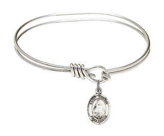 5 3/4 inch Oval Eye Hook Rhodium Bangle Bracelet with a Sterling Silver Saint Theodora charm. Engraved Catholic Saint Jewelry