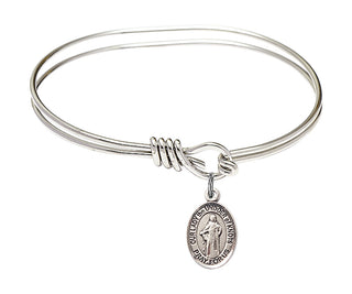 5 3/4 inch Oval Eye Hook Rhodium Bangle Bracelet with a Sterling Silver Our Lady the Undoer of Knots charm. Engraved Catholic Saint Jewelry