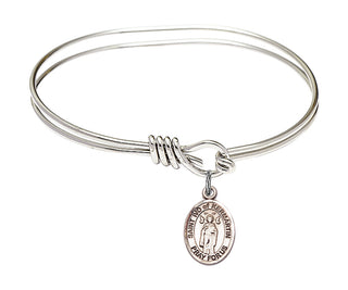 5 3/4 inch Oval Eye Hook Rhodium Bangle Bracelet with a Sterling Silver Saint Ivo of Kelmartin charm. Engraved Catholic Saint Jewelry