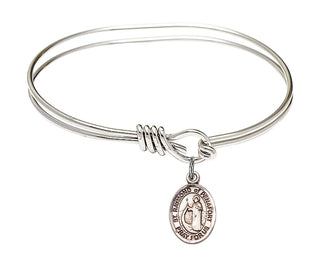 5 3/4 inch Oval Eye Hook Rhodium Bangle Bracelet with a Sterling Silver Saint Raymond of Penafort charm. Engraved Catholic Saint Jewelry