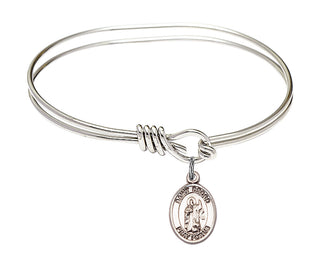 5 3/4 inch Oval Eye Hook Rhodium Bangle Bracelet with a Sterling Silver Saint Drogo charm. Engraved Catholic Saint Jewelry