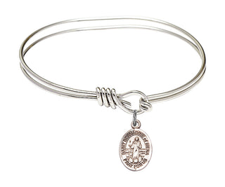 5 3/4 inch Oval Eye Hook Rhodium Bangle Bracelet with a Sterling Silver Saint Bernadine of Sienna charm. Engraved Catholic Saint Jewelry