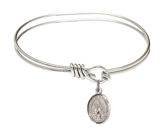 5 3/4 inch Oval Eye Hook Rhodium Bangle Bracelet with a Sterling Silver Our Lady of Assumption charm. Engraved Catholic Saint Jewelry