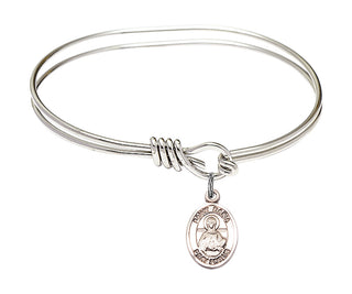 5 3/4 inch Oval Eye Hook Rhodium Bangle Bracelet with a Sterling Silver Saint Daria charm. Engraved Catholic Saint Jewelry