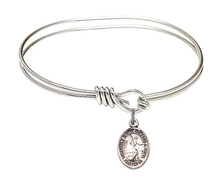5 3/4 inch Oval Eye Hook Rhodium Bangle Bracelet with a Sterling Silver Saint Jeanne Chezard de Matel charm. Engraved Catholic Saint Jewelry