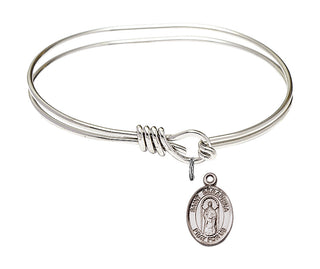 5 3/4 inch Oval Eye Hook Rhodium Bangle Bracelet with a Sterling Silver Saint Seraphina charm. Engraved Catholic Saint Jewelry