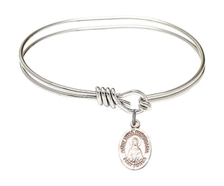 5 3/4 inch Oval Eye Hook Rhodium Bangle Bracelet with a Sterling Silver Saint Lydia Purpuraria charm. Engraved Catholic Saint Jewelry