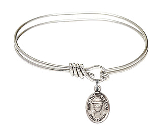 5 3/4 inch Oval Eye Hook Rhodium Bangle Bracelet with a Sterling Silver Saint Damien of Molokai charm. Engraved Catholic Saint Jewelry