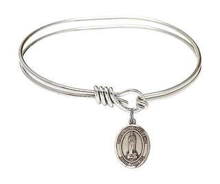 5 3/4 inch Oval Eye Hook Rhodium Bangle Bracelet with a Sterling Silver Our Lady of Kibeho charm. Engraved Catholic Saint Jewelry