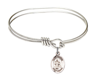 5 3/4 inch Oval Eye Hook Rhodium Bangle Bracelet with a Sterling Silver Saint Maron charm. Engraved Catholic Saint Jewelry