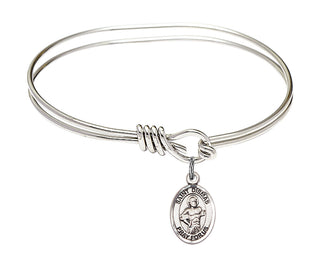 5 3/4 inch Oval Eye Hook Rhodium Bangle Bracelet with a Sterling Silver Saint Dismas charm. Engraved Catholic Saint Jewelry