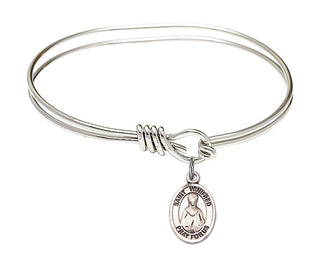 5 3/4 inch Oval Eye Hook Rhodium Bangle Bracelet with a Sterling Silver Saint Winifred of Wales charm. Engraved Catholic Saint Jewelry