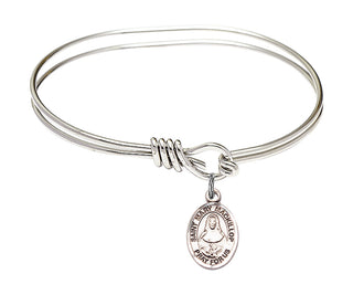 5 3/4 inch Oval Eye Hook Rhodium Bangle Bracelet with a Sterling Silver Saint Mary Mackillop charm. Engraved Catholic Saint Jewelry