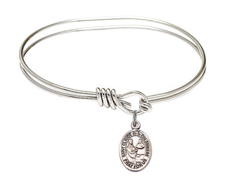 5 3/4 inch Oval Eye Hook Rhodium Bangle Bracelet with a Sterling Silver Saint Claude de la Colombiere charm. Engraved Catholic Saint Jewelry