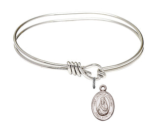 5 3/4 inch Oval Eye Hook Rhodium Bangle Bracelet with a Sterling Silver Saint Jadwiga of Poland charm. Engraved Catholic Saint Jewelry
