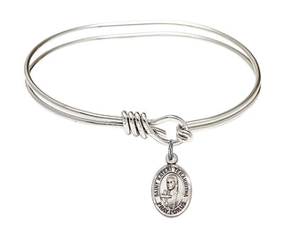 5 3/4 inch Oval Eye Hook Rhodium Bangle Bracelet with a Sterling Silver Saint Kateri Tekakwitha charm. Engraved Catholic Saint Jewelry