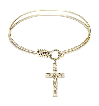 6 1/4 inch Round Eye Hook Hamilton Gold Bangle Bracelet with a 14kt Gold Filled Crucifix charm.