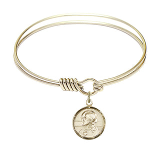 6 1/4 inch Round Eye Hook Hamilton Gold Bangle Bracelet with a 14kt Gold Filled Scapular charm. Engraved Catholic Saint Jewelry