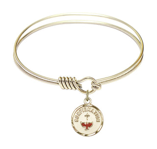 6 1/4 inch Round Eye Hook Hamilton Gold Bangle Bracelet with a 14kt Gold Filled Confirmation charm. Engraved Catholic Saint Jewelry