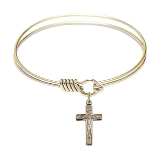 6 1/4 inch Round Eye Hook Hamilton Gold Bangle Bracelet with a 14kt Gold Filled Crucifix charm.