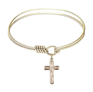 6 1/4 inch Round Eye Hook Hamilton Gold Bangle Bracelet with a 14kt Gold Filled Cross charm.